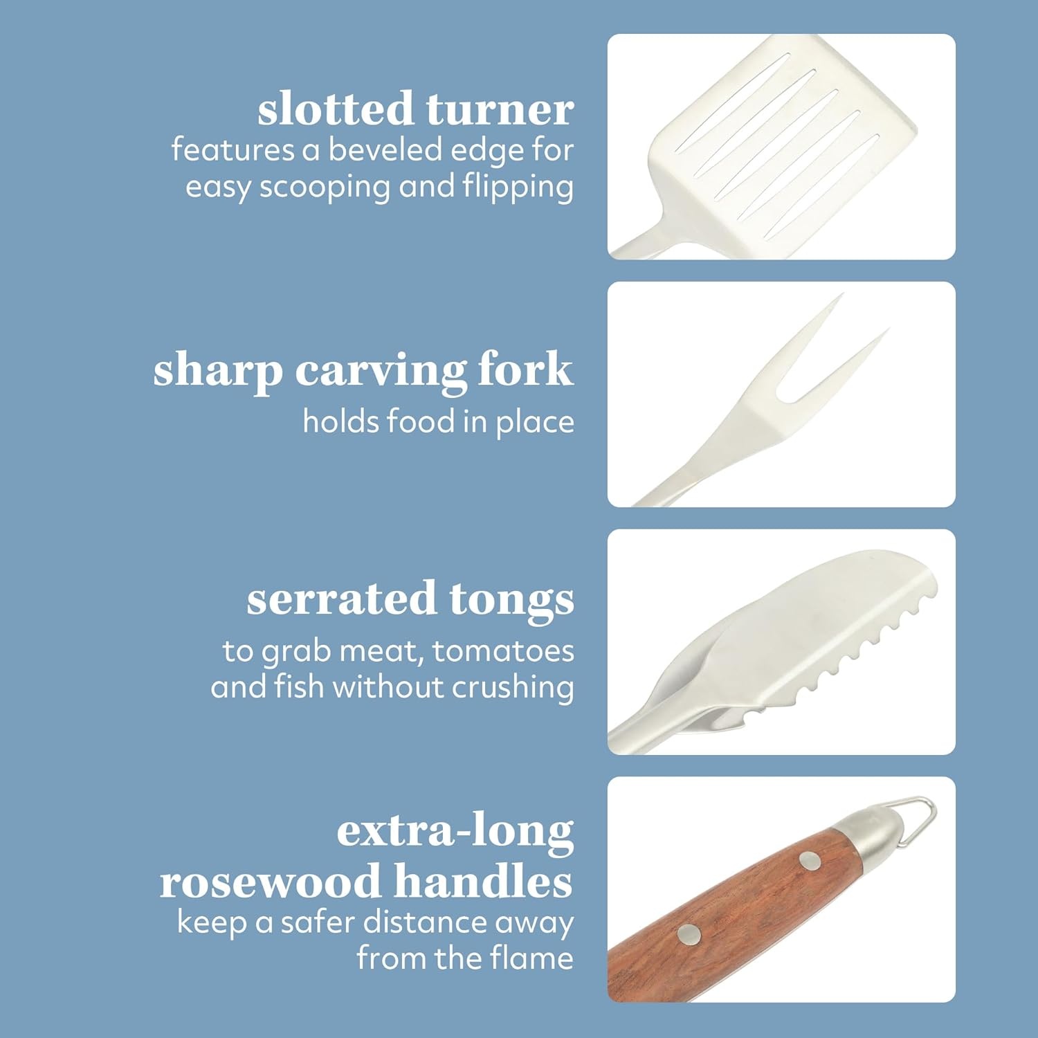 image:imageSur La Table Kitchen Essentials Family Cookout Heavy Duty Stainless Steel Grilling Tool Set WWooden Handles Tongs Slotted Turner and Fork Set