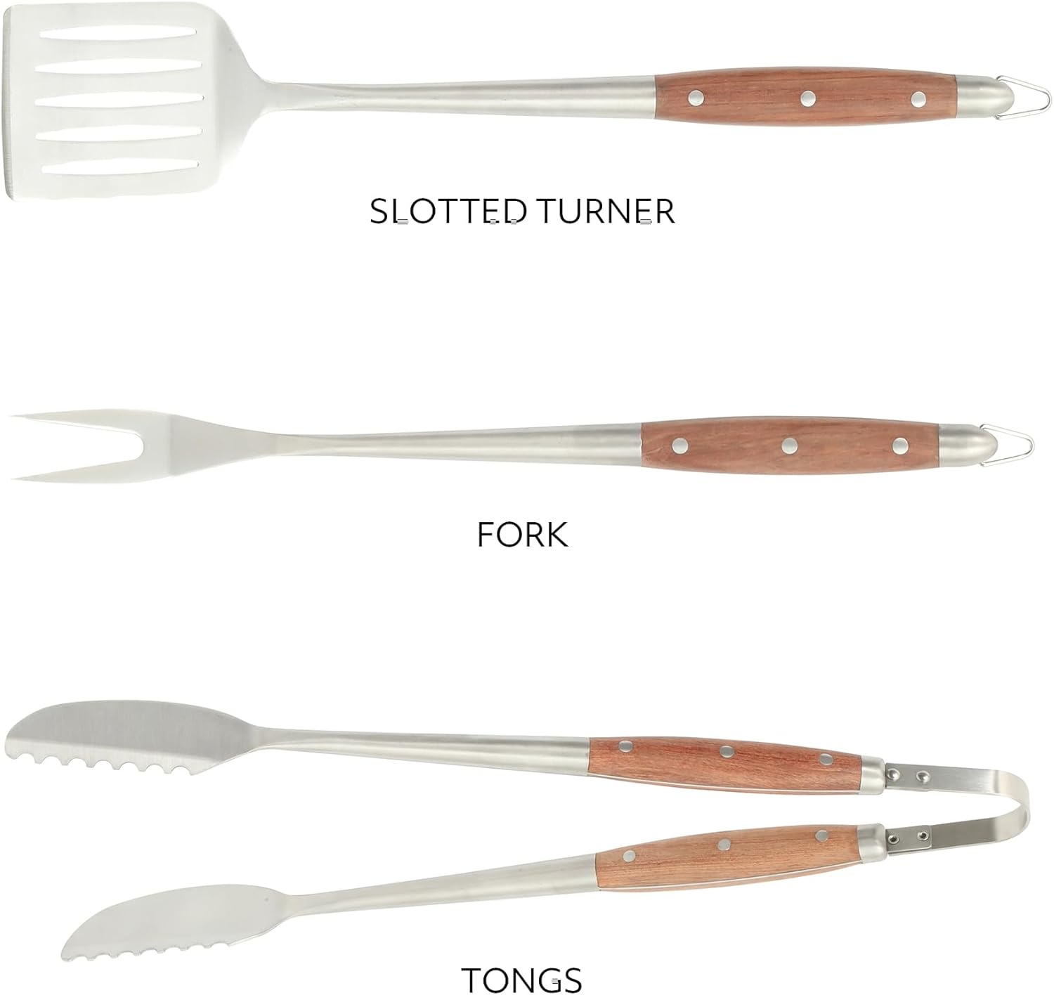 image:imageSur La Table Kitchen Essentials Family Cookout Heavy Duty Stainless Steel Grilling Tool Set WWooden Handles Tongs Slotted Turner and Fork Set