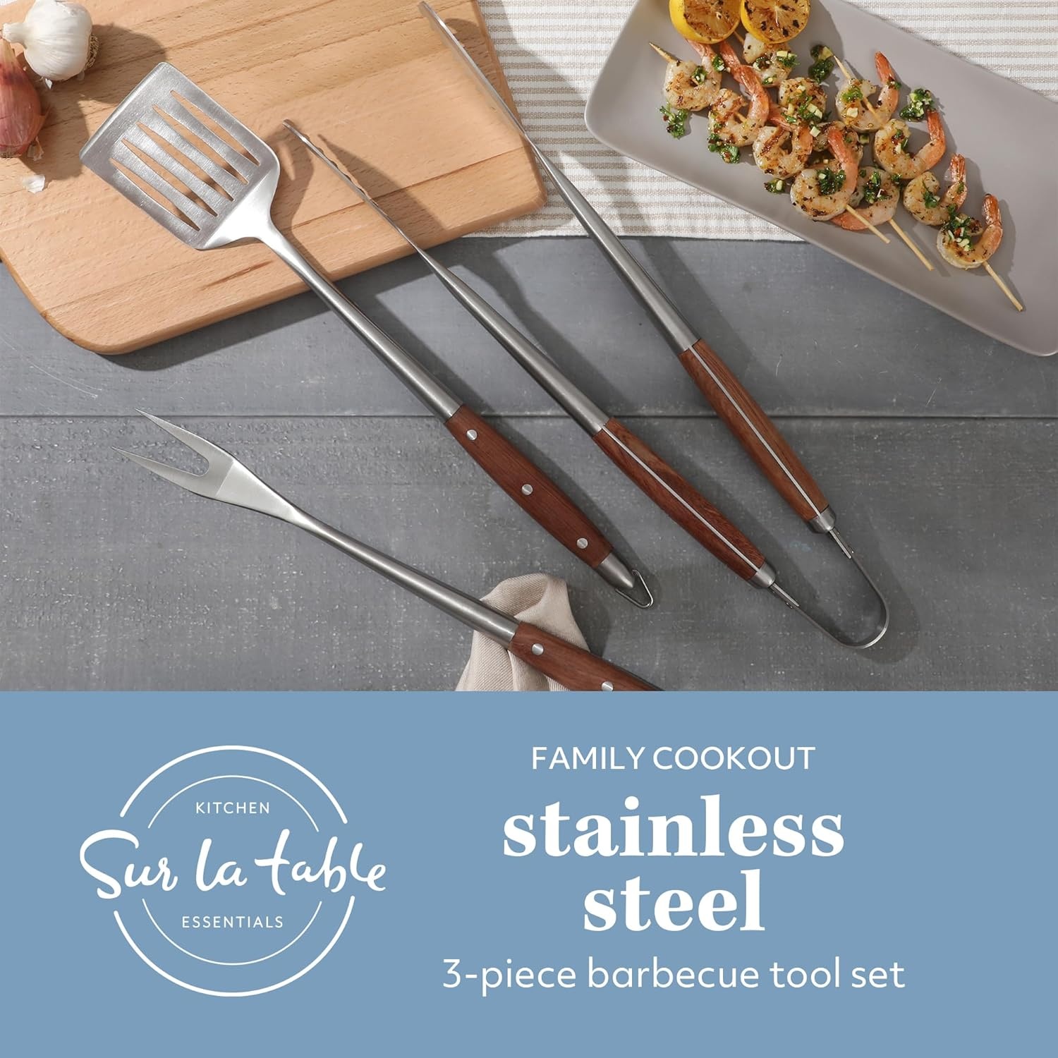 image:imageSur La Table Kitchen Essentials Family Cookout Heavy Duty Stainless Steel Grilling Tool Set WWooden Handles Tongs Slotted Turner and Fork Set
