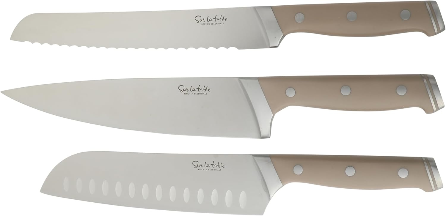 image:imageSur La Table Kitchen Essentials Knife Set with Block 14Piece Forged German Steel Kitchen Knives Beech Wood Block Chef Santoku Bread amp Steak Knives Shears amp Sharpener Linen WhiteTaupe 14pc Set