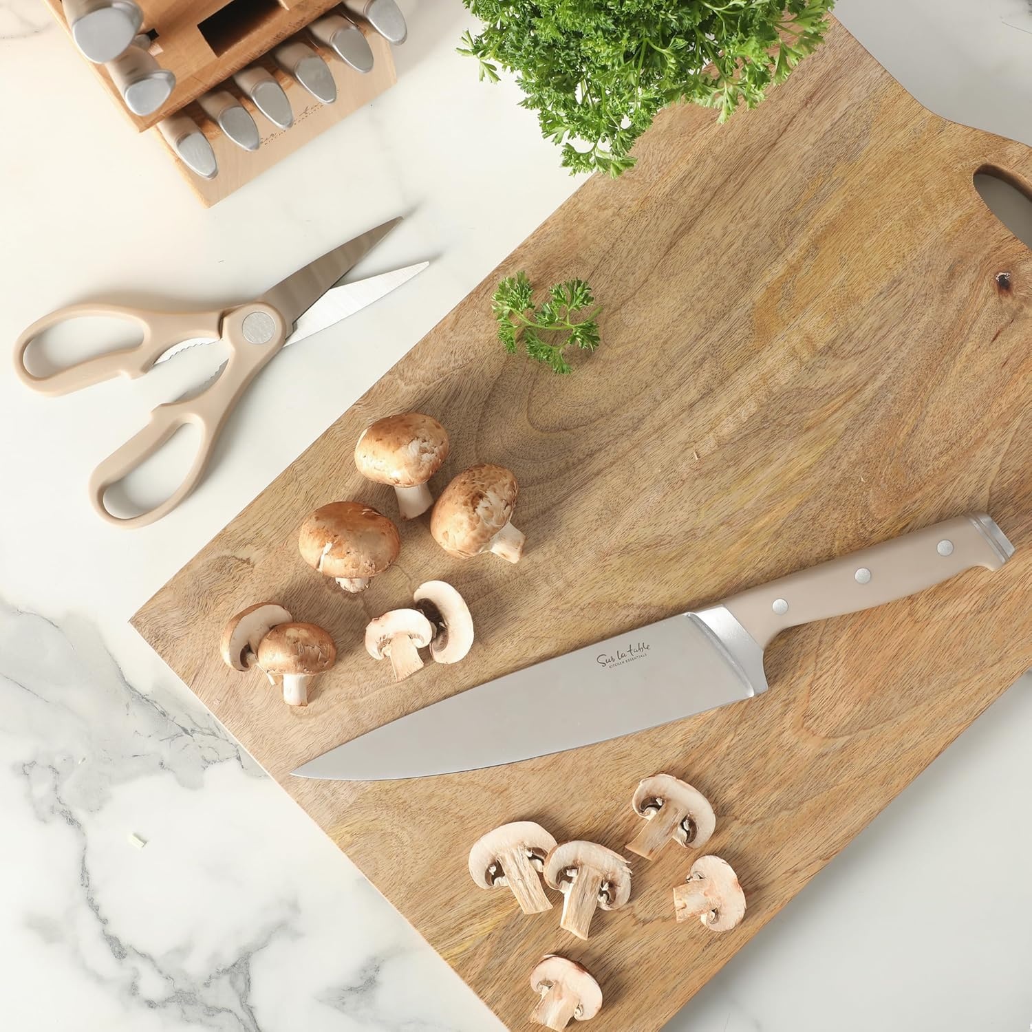 image:imageSur La Table Kitchen Essentials Knife Set with Block 14Piece Forged German Steel Kitchen Knives Beech Wood Block Chef Santoku Bread amp Steak Knives Shears amp Sharpener Linen WhiteTaupe 14pc Set