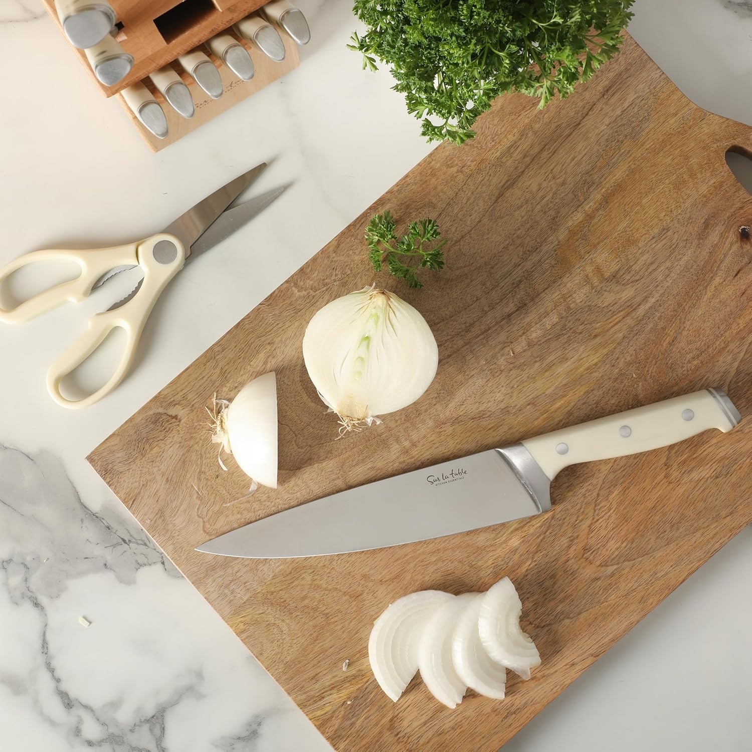 image:imageSur La Table Kitchen Essentials Knife Set with Block 14Piece Forged German Steel Kitchen Knives Beech Wood Block Chef Santoku Bread amp Steak Knives Shears amp Sharpener Linen WhiteLinen White 14pc Set