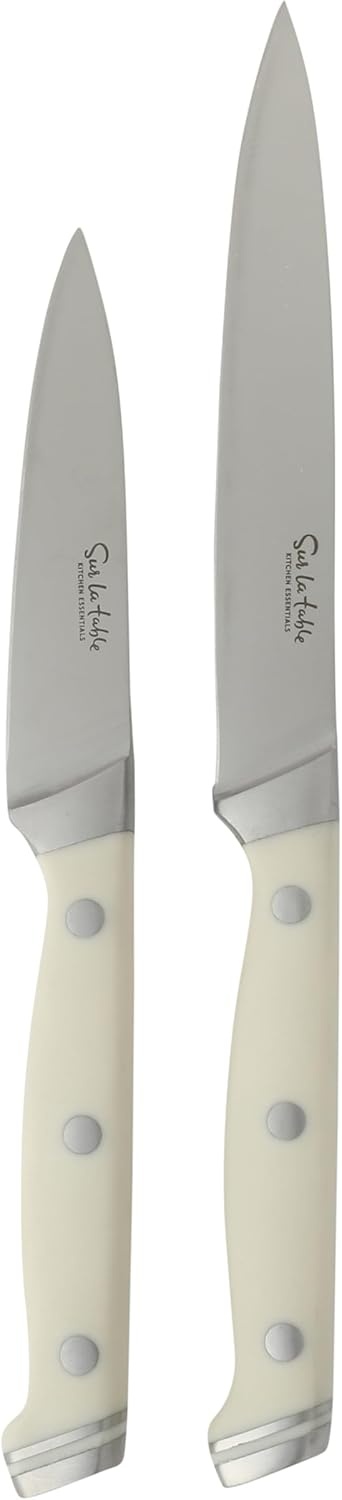 image:imageSur La Table Kitchen Essentials Knife Set with Block 14Piece Forged German Steel Kitchen Knives Beech Wood Block Chef Santoku Bread amp Steak Knives Shears amp Sharpener Linen WhiteLinen White 14pc Set