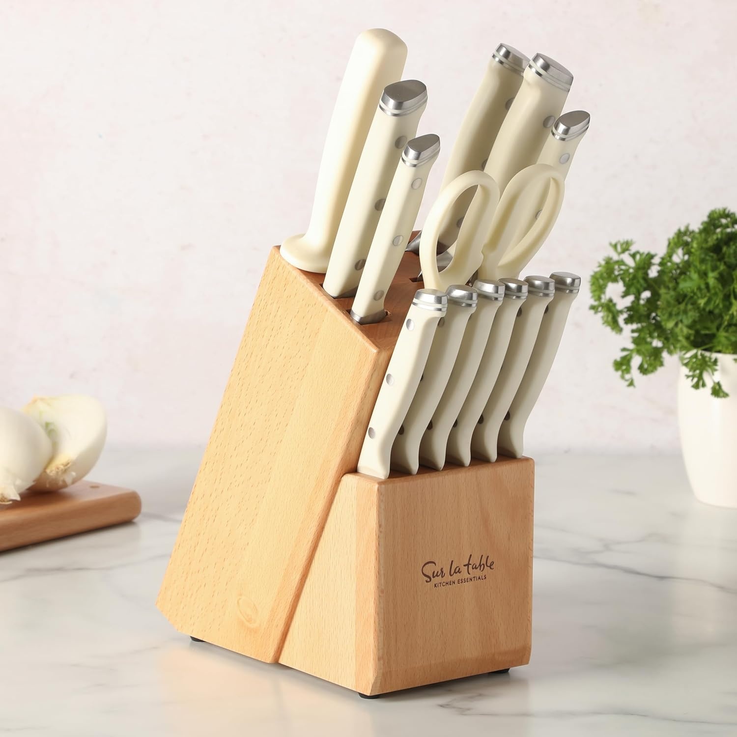 image:imageSur La Table Kitchen Essentials Knife Set with Block 14Piece Forged German Steel Kitchen Knives Beech Wood Block Chef Santoku Bread amp Steak Knives Shears amp Sharpener Linen WhiteLinen White 14pc Set