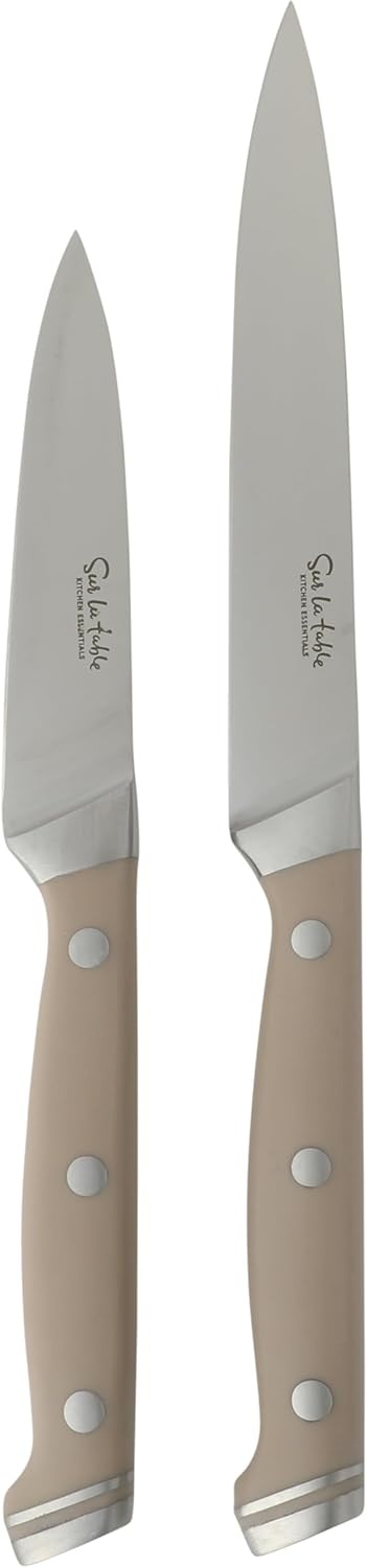 image:imageSur La Table Kitchen Essentials Knife Set with Block 14Piece Forged German Steel Kitchen Knives Beech Wood Block Chef Santoku Bread amp Steak Knives Shears amp Sharpener Linen WhiteTaupe 14pc Set