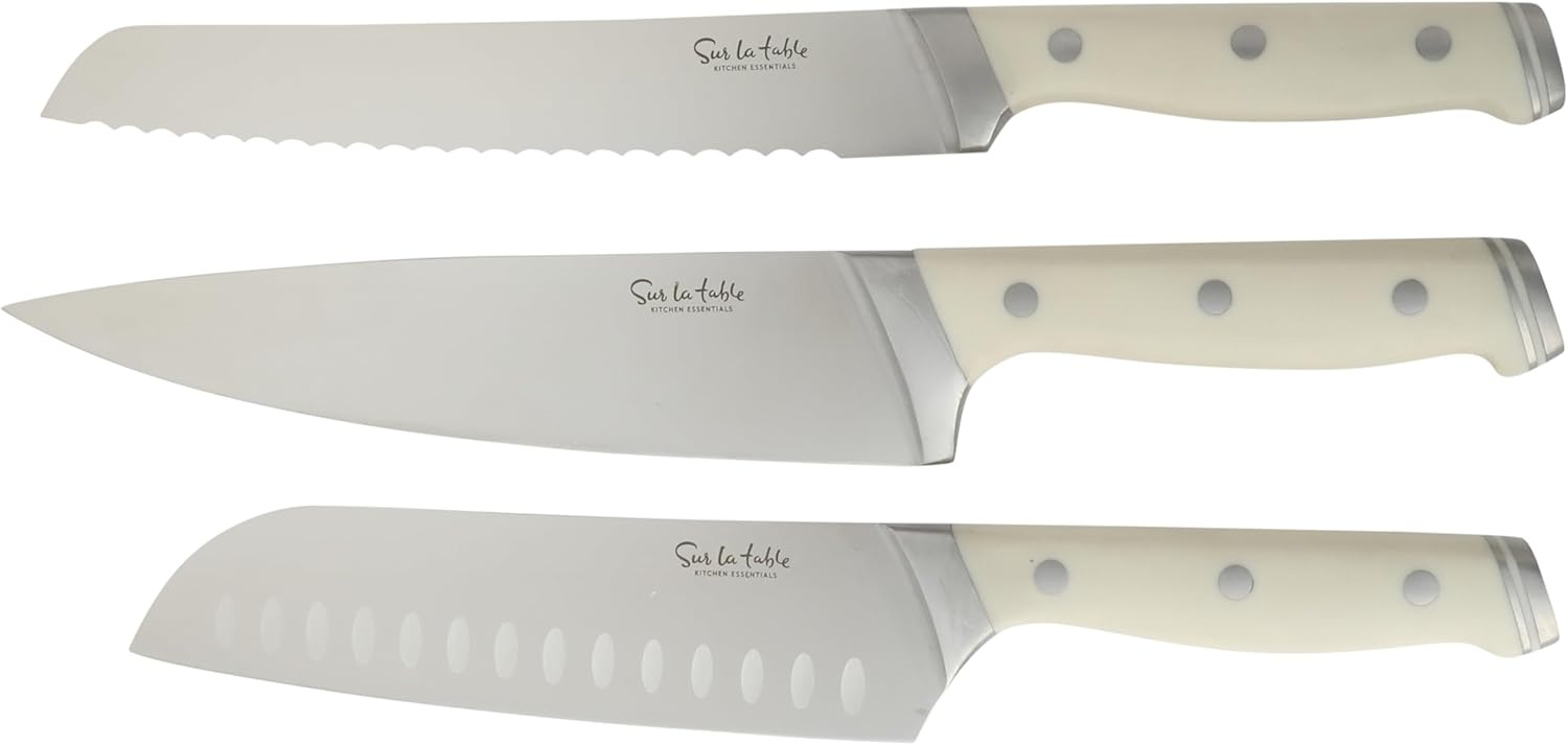 image:imageSur La Table Kitchen Essentials Knife Set with Block 14Piece Forged German Steel Kitchen Knives Beech Wood Block Chef Santoku Bread amp Steak Knives Shears amp Sharpener Linen WhiteLinen White 14pc Set