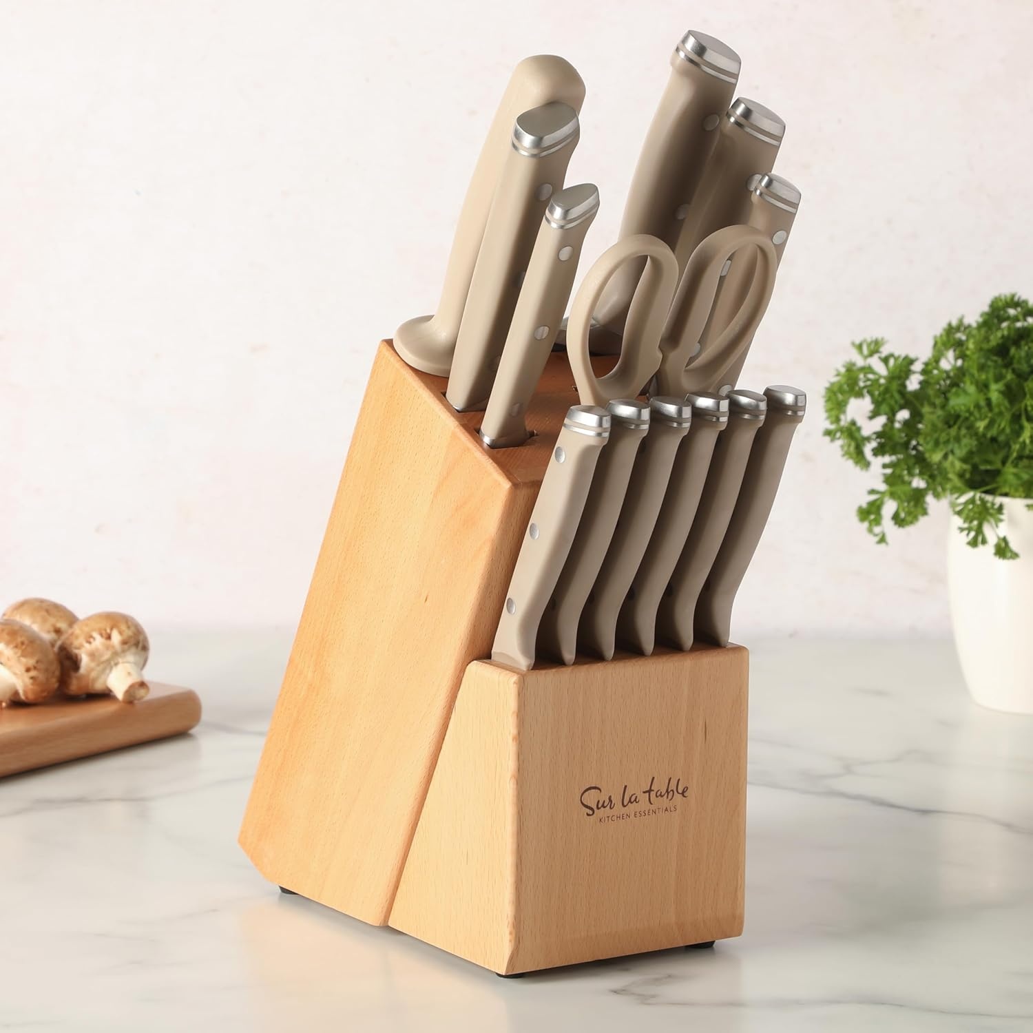 image:imageSur La Table Kitchen Essentials Knife Set with Block 14Piece Forged German Steel Kitchen Knives Beech Wood Block Chef Santoku Bread amp Steak Knives Shears amp Sharpener Linen WhiteTaupe 14pc Set