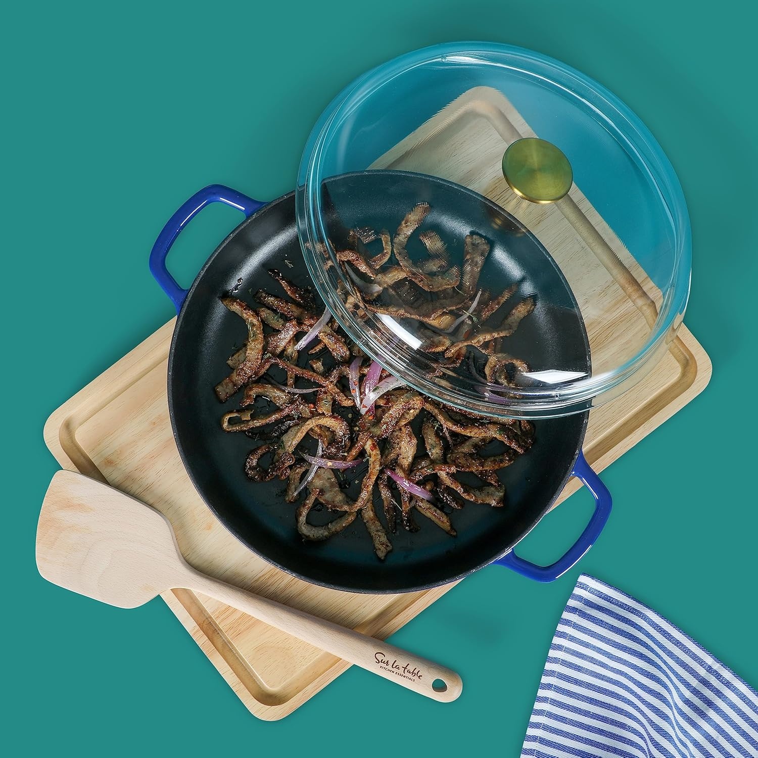 image:imageSur La Table Kitchen Essentials Supper Club 375 Quart Enamel Cast Iron All In One MultiPurpose NonToxic Nonstick Braiser Pan WBorosilicate Glass Lid Juniper GreenBlue Braiser
