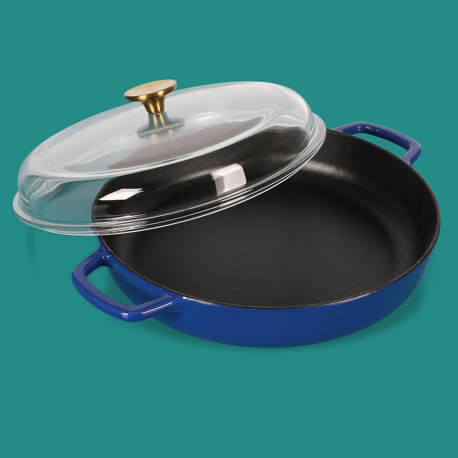 image:imageSur La Table Kitchen Essentials Supper Club 375 Quart Enamel Cast Iron All In One MultiPurpose NonToxic Nonstick Braiser Pan WBorosilicate Glass Lid Juniper GreenBlue Braiser