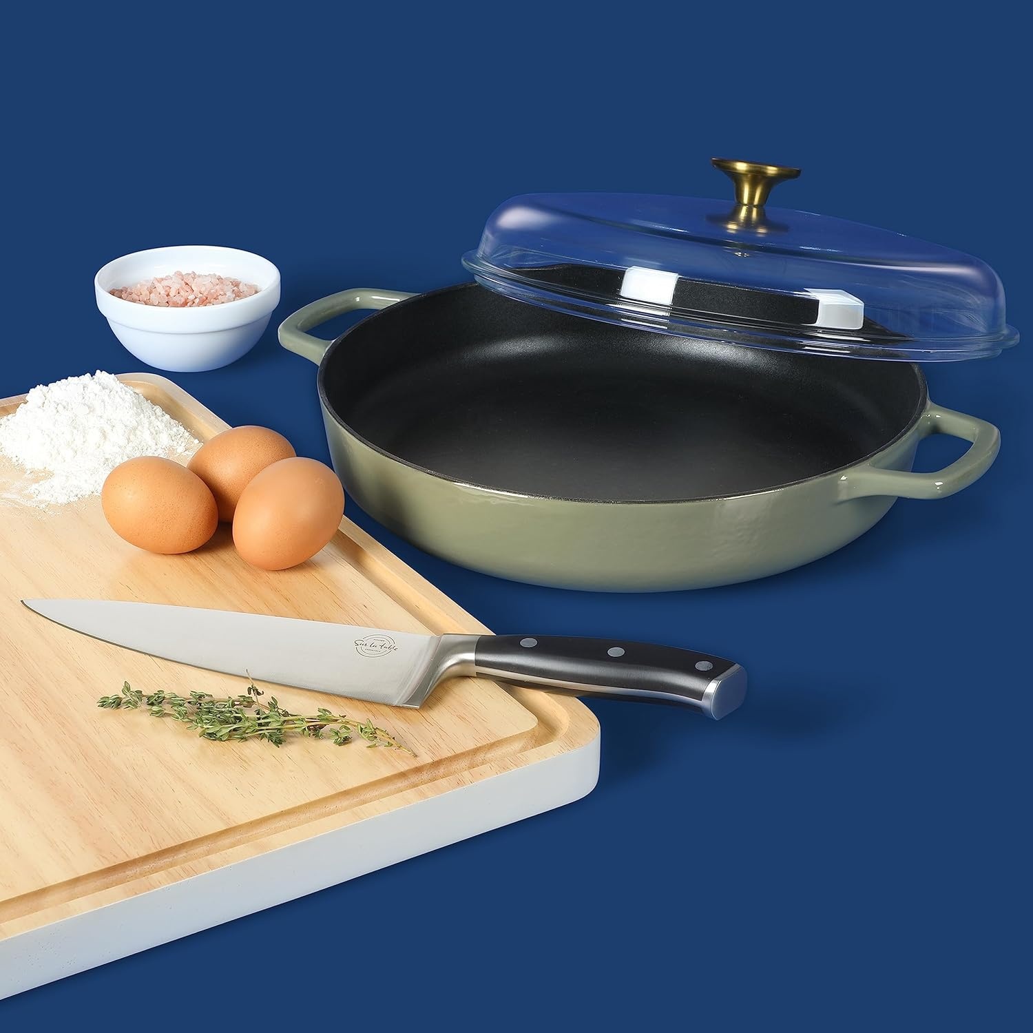 image:imageSur La Table Kitchen Essentials Supper Club 375 Quart Enamel Cast Iron All In One MultiPurpose NonToxic Nonstick Braiser Pan WBorosilicate Glass Lid Juniper GreenJuniper Green Braiser
