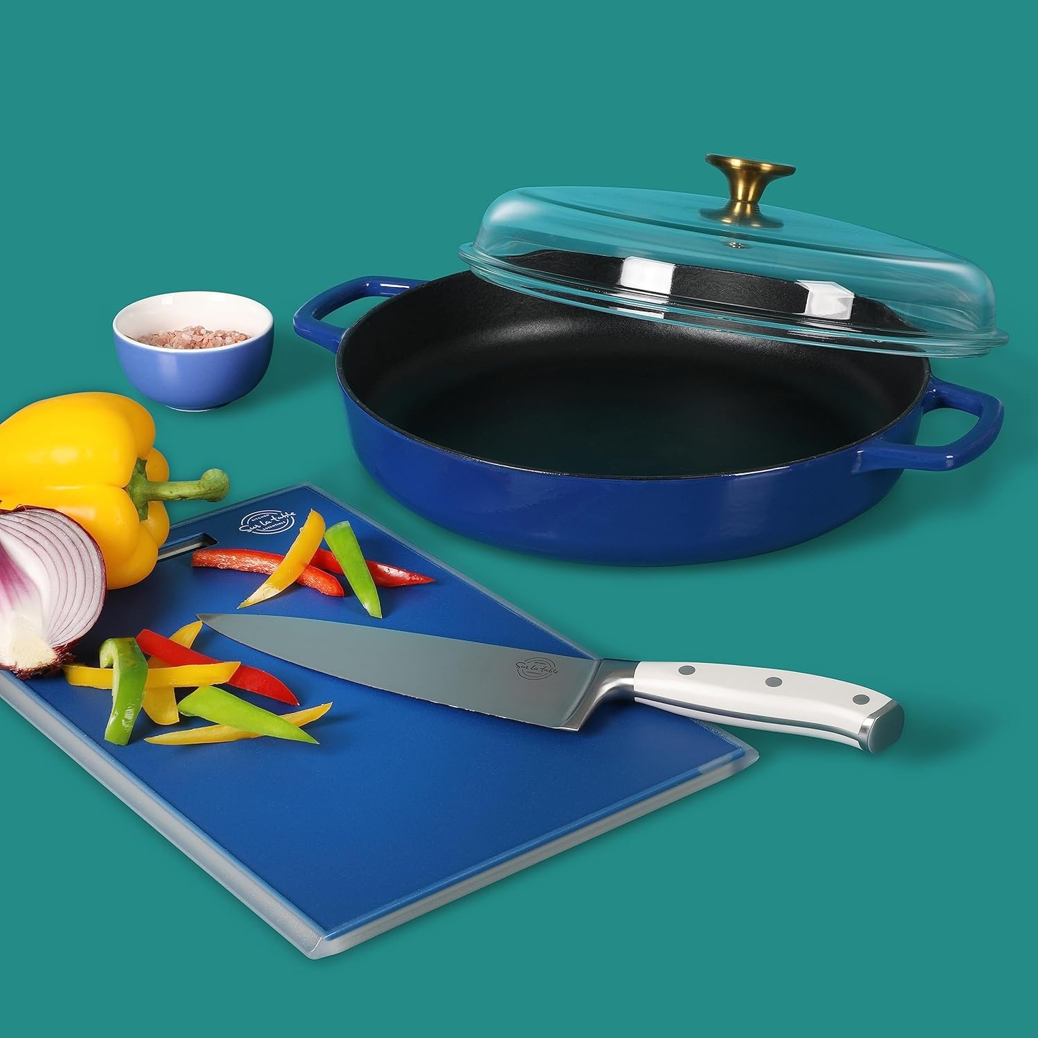 image:imageSur La Table Kitchen Essentials Supper Club 375 Quart Enamel Cast Iron All In One MultiPurpose NonToxic Nonstick Braiser Pan WBorosilicate Glass Lid Juniper GreenBlue Braiser