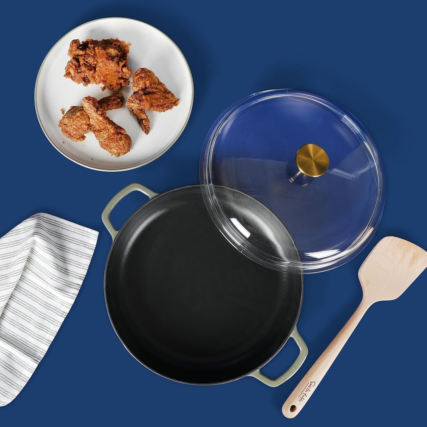image:imageSur La Table Kitchen Essentials Supper Club 375 Quart Enamel Cast Iron All In One MultiPurpose NonToxic Nonstick Braiser Pan WBorosilicate Glass Lid Juniper GreenJuniper Green Braiser