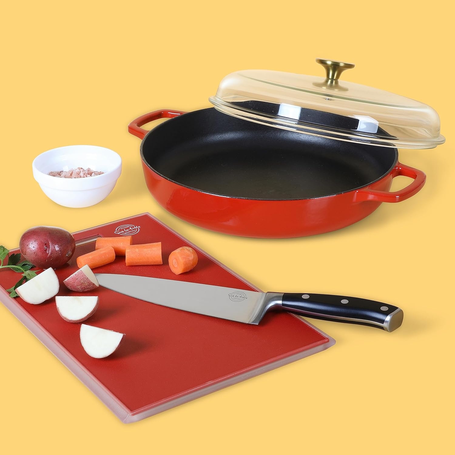 image:imageSur La Table Kitchen Essentials Supper Club 375 Quart Enamel Cast Iron All In One MultiPurpose NonToxic Nonstick Braiser Pan WBorosilicate Glass Lid Juniper GreenRed Braiser