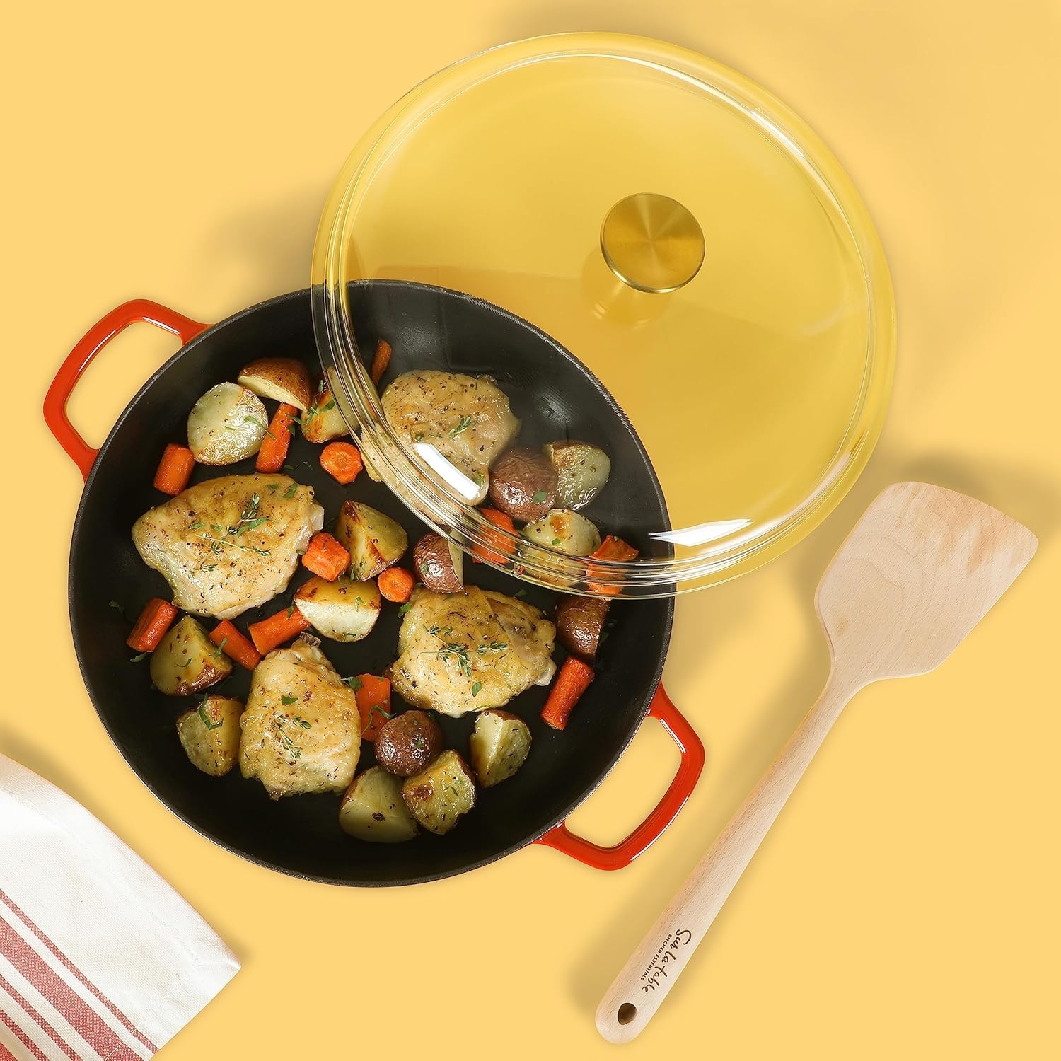 image:imageSur La Table Kitchen Essentials Supper Club 375 Quart Enamel Cast Iron All In One MultiPurpose NonToxic Nonstick Braiser Pan WBorosilicate Glass Lid Juniper GreenRed Braiser