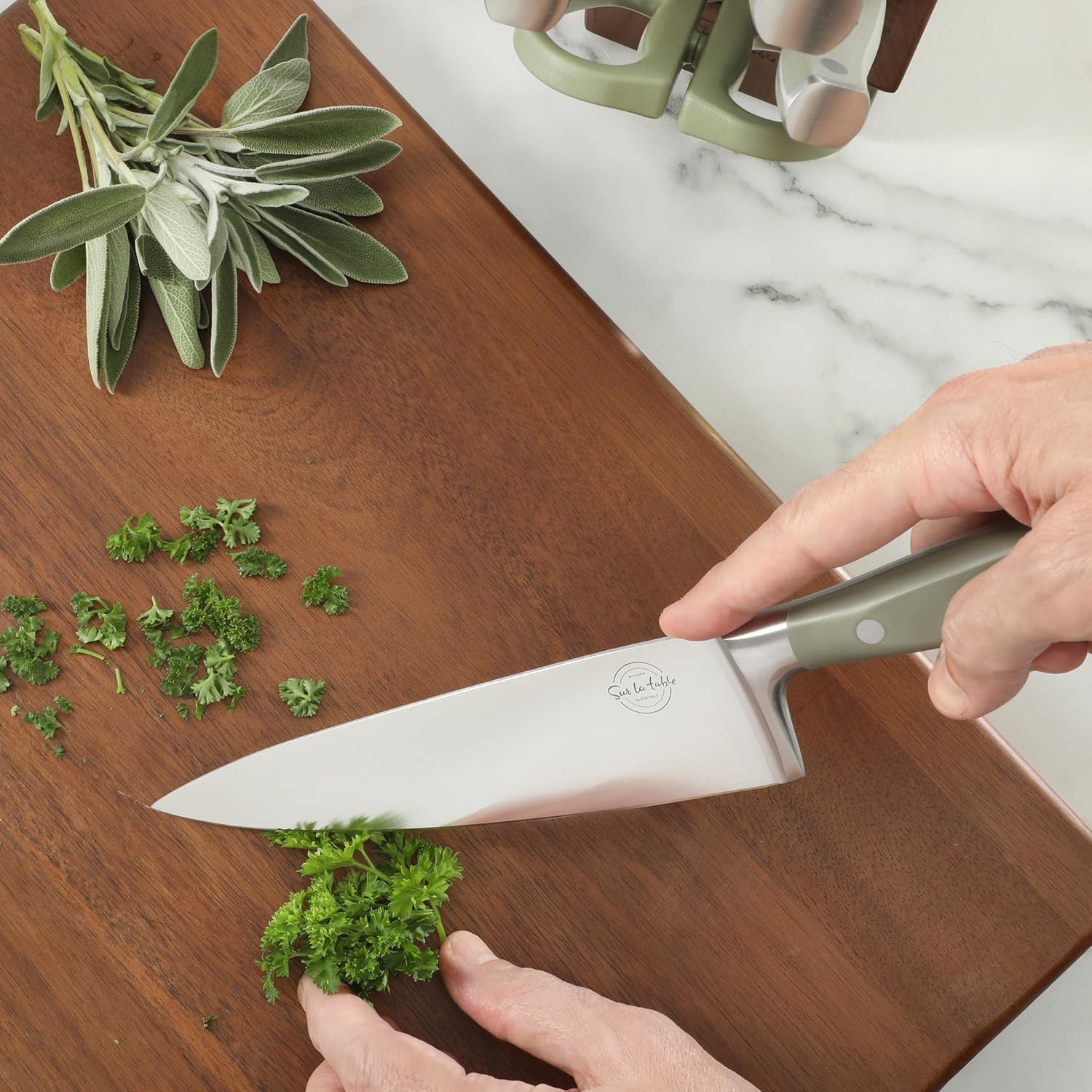 image:imageSur La Table Kitchen Essentials Tasting Kitchen HighCarbon German Steel 7 Piece Full Tang Forged Cutlery Knife Block Set Eggshell White WAshwood BlockJuniper Green w Ashwood Block
