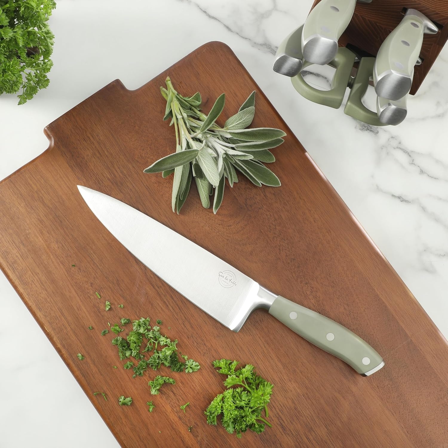 image:imageSur La Table Kitchen Essentials Tasting Kitchen HighCarbon German Steel 7 Piece Full Tang Forged Cutlery Knife Block Set Eggshell White WAshwood BlockJuniper Green w Ashwood Block
