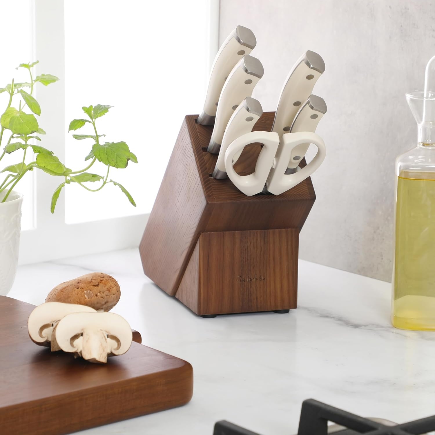 image:imageSur La Table Kitchen Essentials Tasting Kitchen HighCarbon German Steel 7 Piece Full Tang Forged Cutlery Knife Block Set Eggshell White WAshwood BlockEggshell White w Ashwood Block