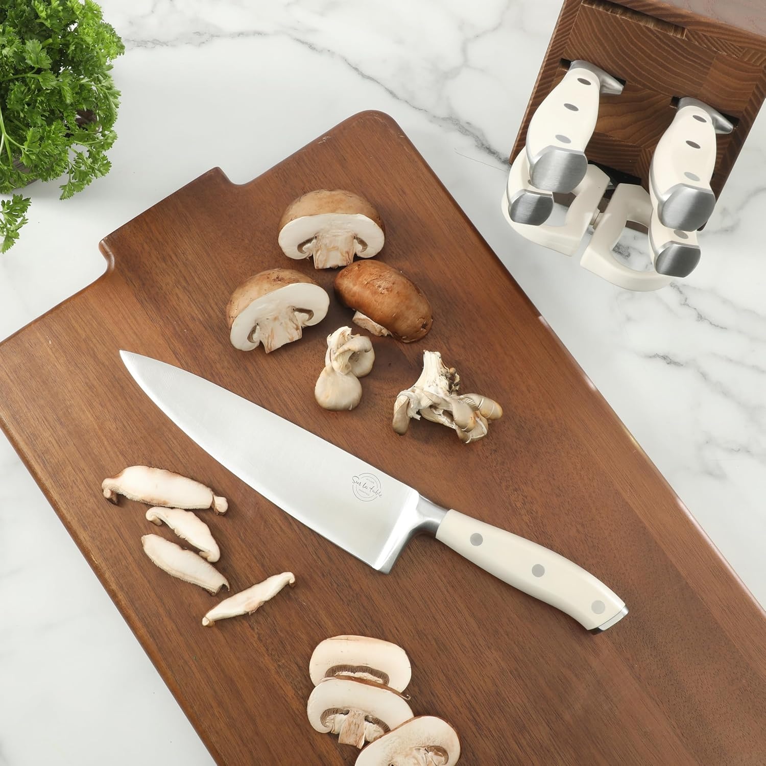 image:imageSur La Table Kitchen Essentials Tasting Kitchen HighCarbon German Steel 7 Piece Full Tang Forged Cutlery Knife Block Set Eggshell White WAshwood BlockEggshell White w Ashwood Block