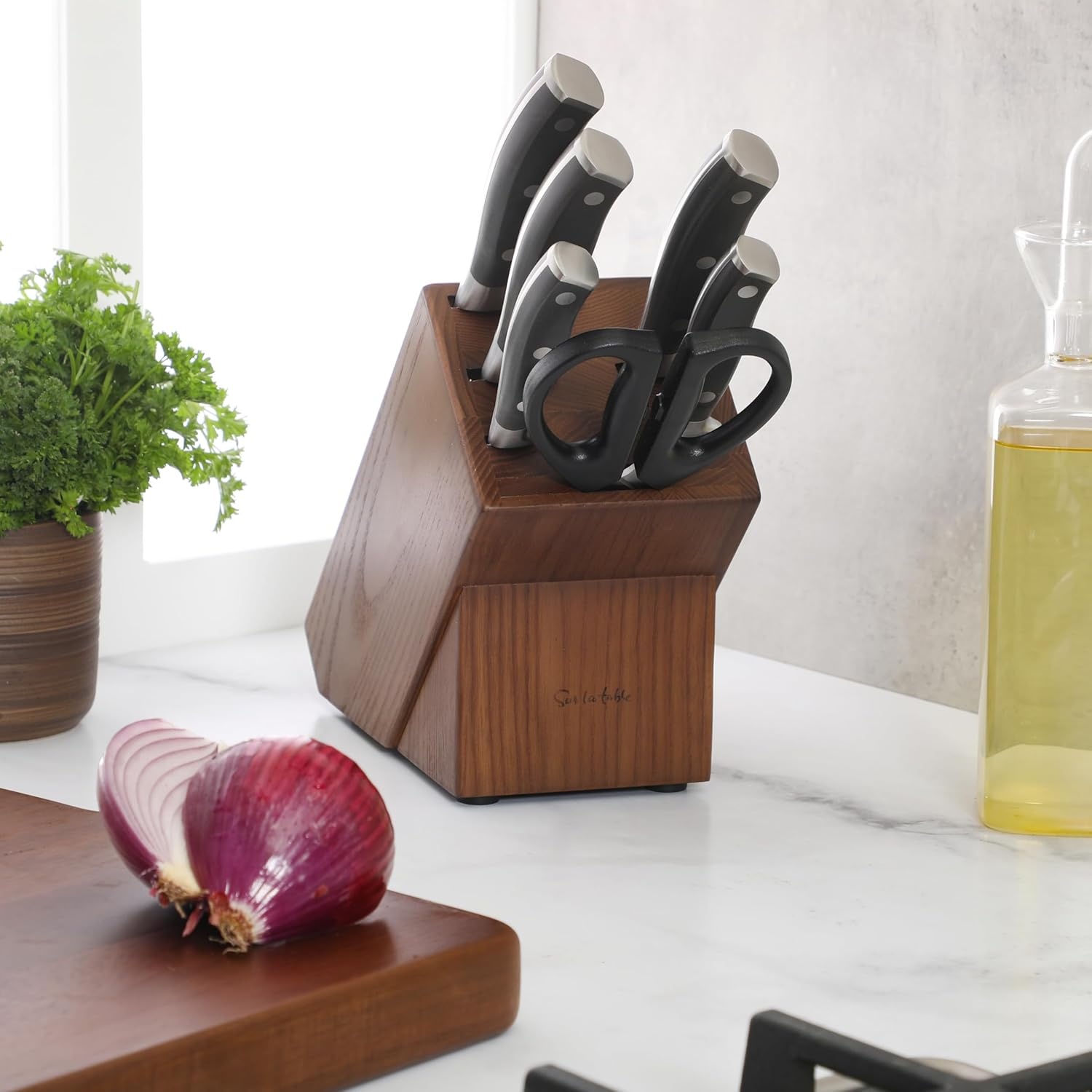 image:imageSur La Table Kitchen Essentials Tasting Kitchen HighCarbon German Steel 7 Piece Full Tang Forged Cutlery Knife Block Set Eggshell White WAshwood BlockBlack