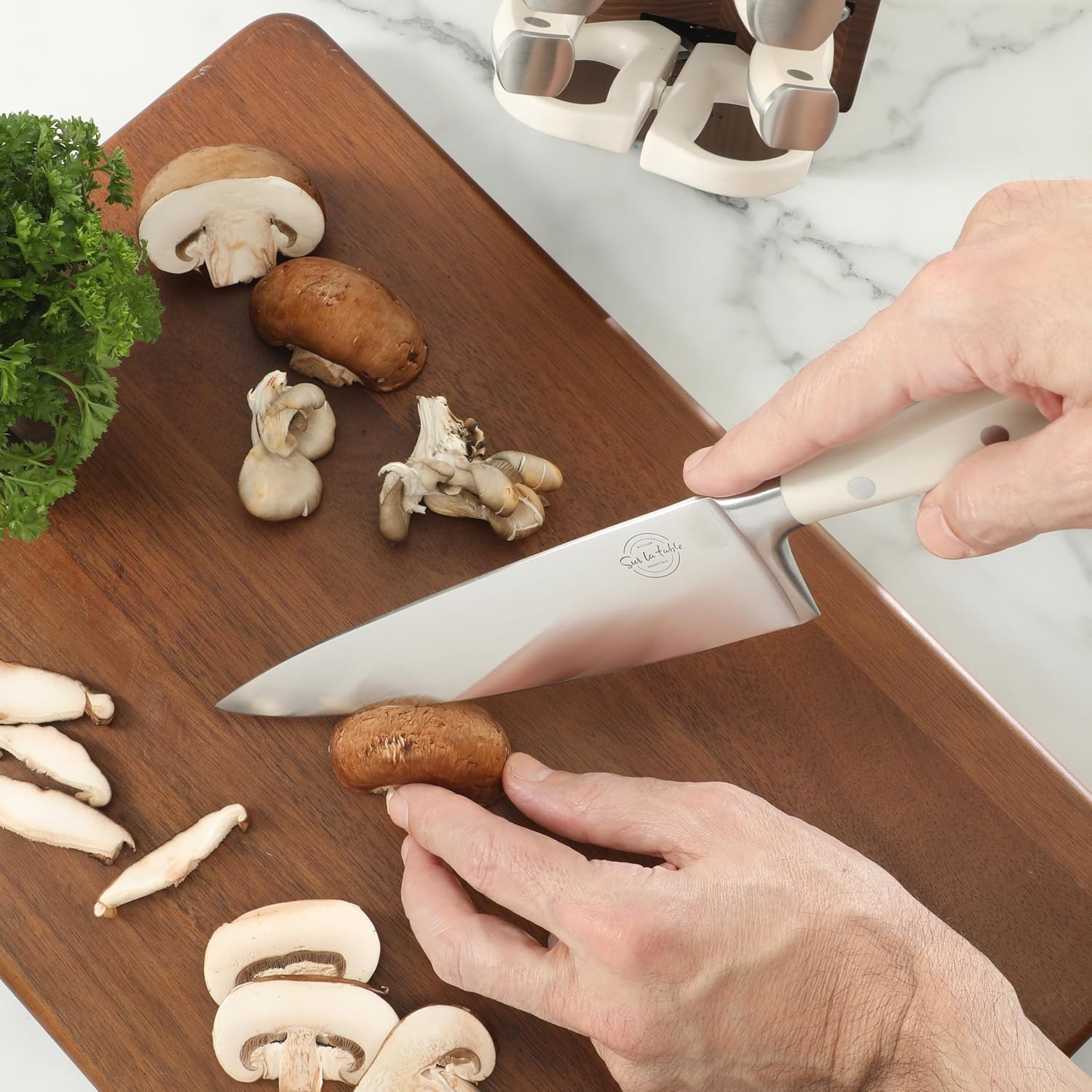 image:imageSur La Table Kitchen Essentials Tasting Kitchen HighCarbon German Steel 7 Piece Full Tang Forged Cutlery Knife Block Set Eggshell White WAshwood BlockEggshell White w Ashwood Block