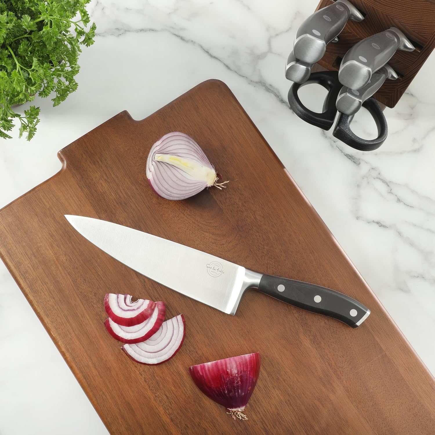 image:imageSur La Table Kitchen Essentials Tasting Kitchen HighCarbon German Steel 7 Piece Full Tang Forged Cutlery Knife Block Set Eggshell White WAshwood BlockBlack