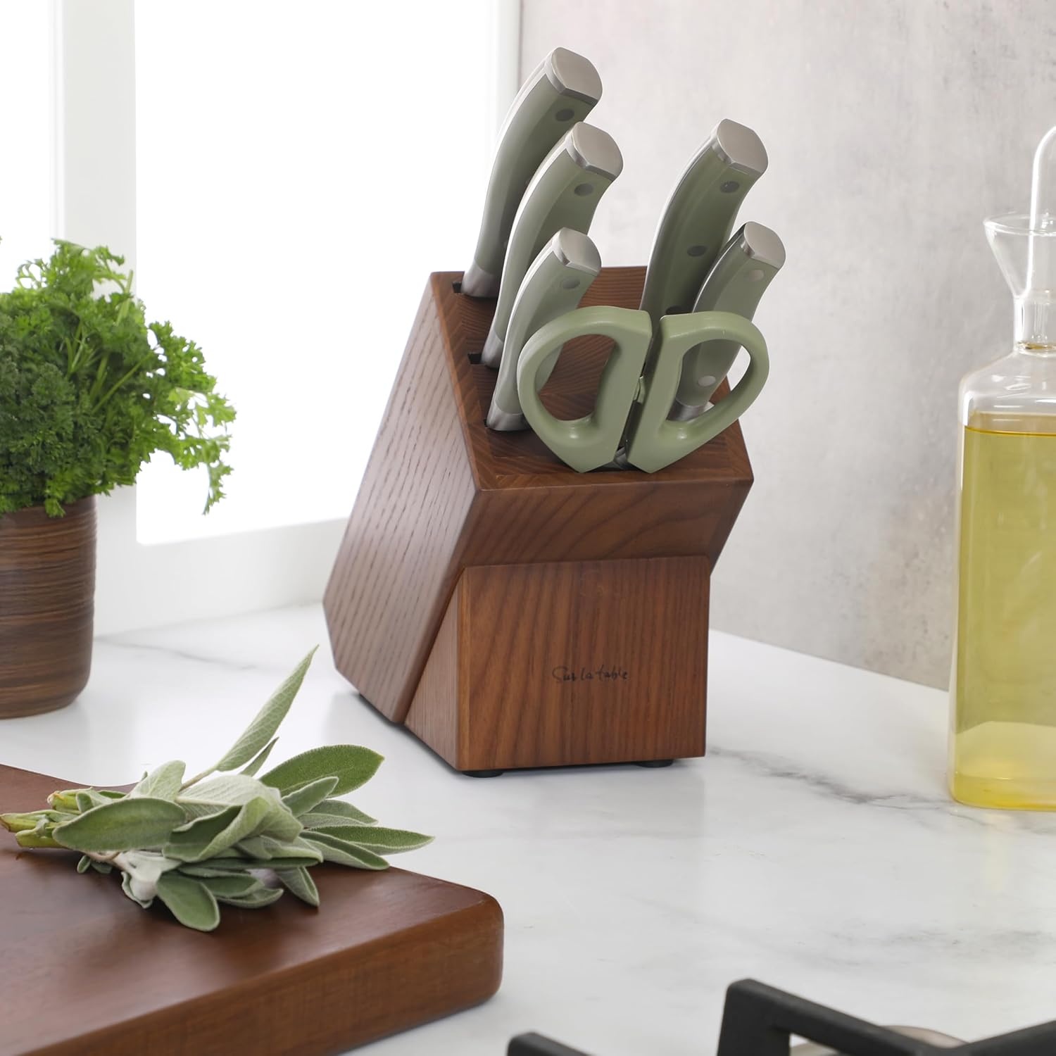 image:imageSur La Table Kitchen Essentials Tasting Kitchen HighCarbon German Steel 7 Piece Full Tang Forged Cutlery Knife Block Set Eggshell White WAshwood BlockJuniper Green w Ashwood Block