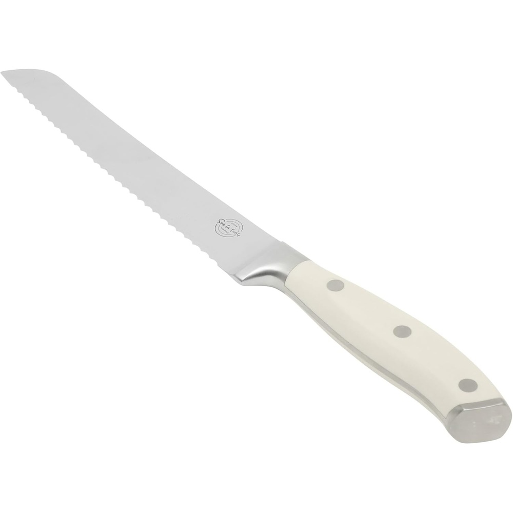 image:imageSur La Table Kitchen Essential Tasting Kitchen German Steel Bread Knife 8Inch Stainless Steel Blade Professional Kitchen Knife with White Handle and Forged Full Tang
