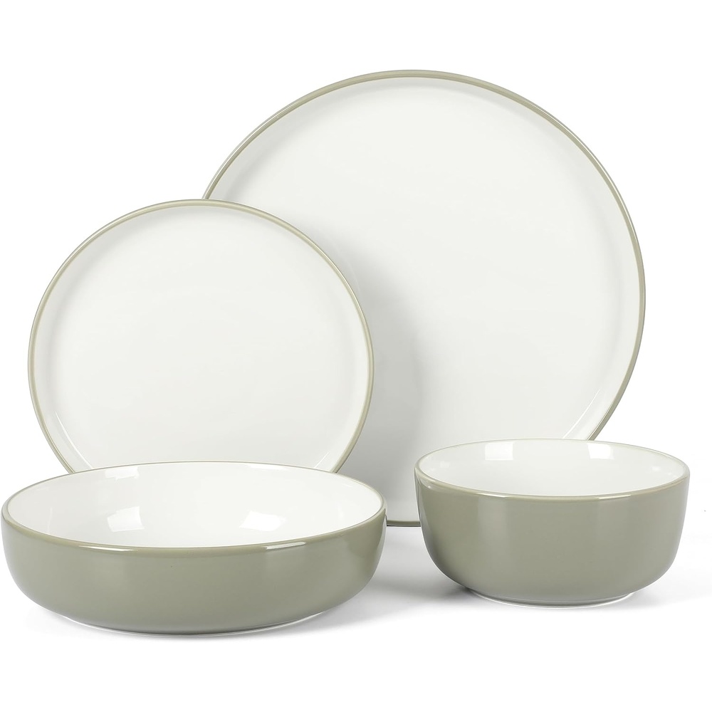image:imageSur La Table Kitchen Essentials 16 Piece TwoTone Porcelain Chip and Scratch Resistant Dinnerware Plates and Bowls Set GreenWhiteGreyWhite