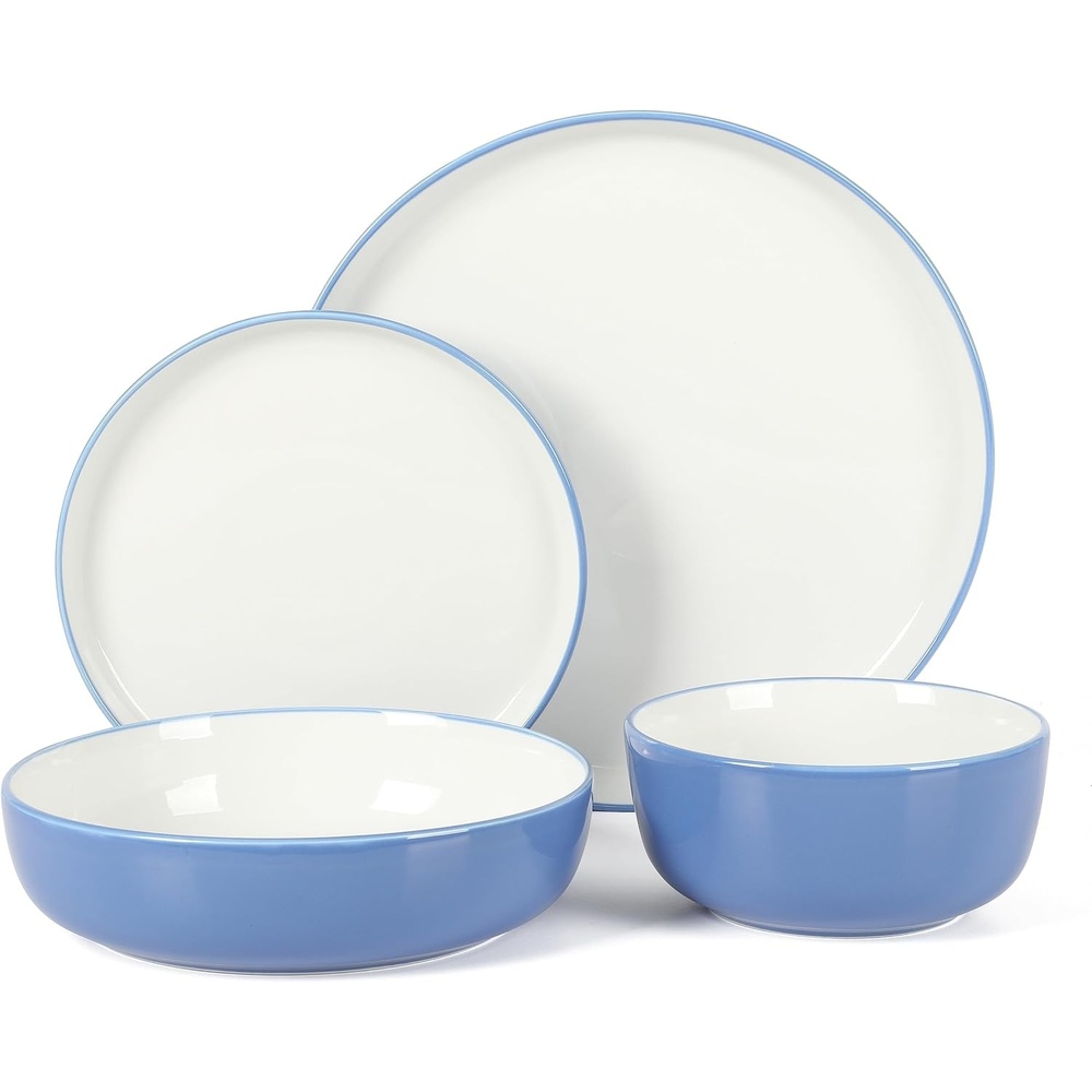 image:imageSur La Table Kitchen Essentials 16 Piece TwoTone Porcelain Chip and Scratch Resistant Dinnerware Plates and Bowls Set RedWhiteBlueWhite