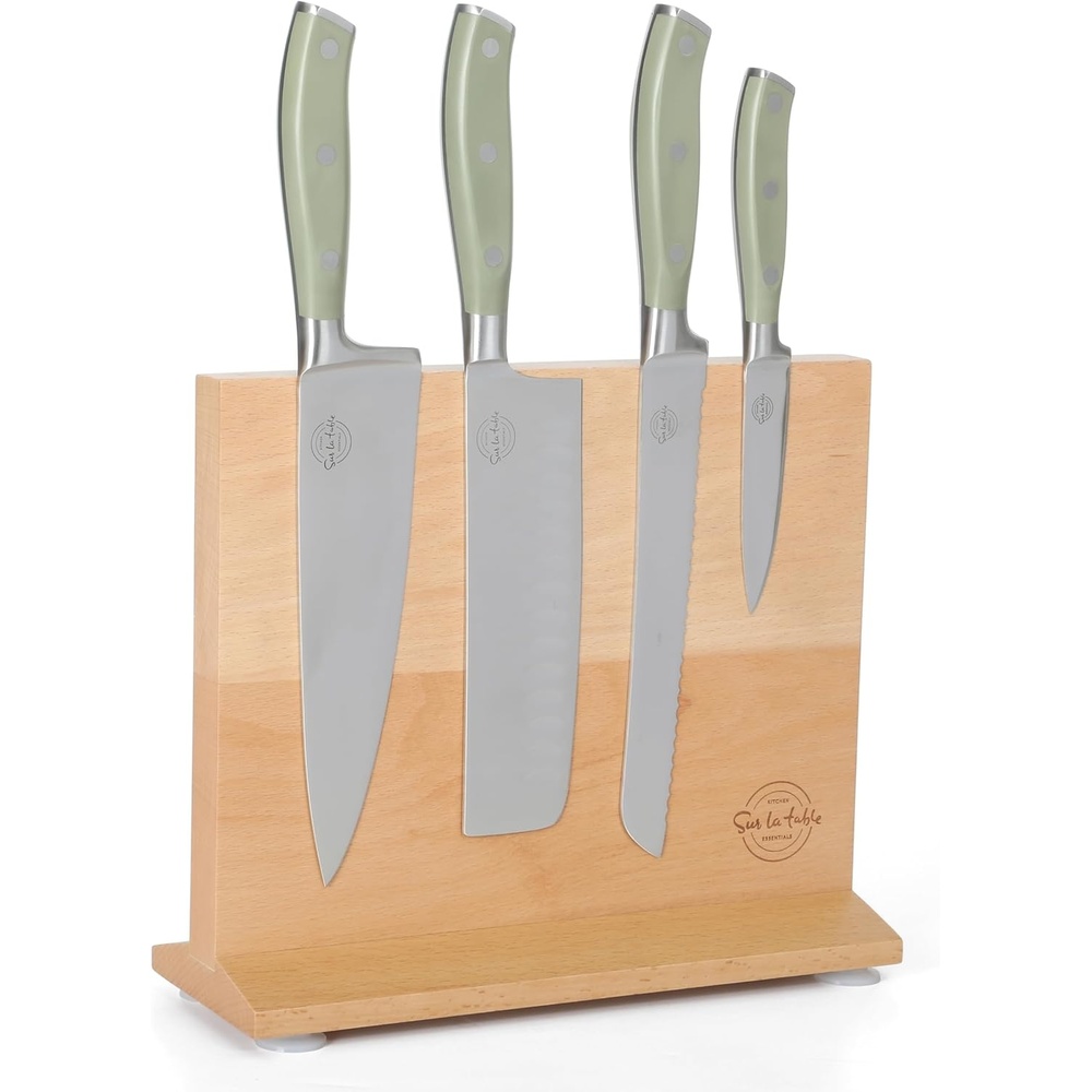 image:imageSur La Table Kitchen Essentials 5 Piece German Steel Blade wTriple Riveted Handle Set on Beechwood Magnetic Block BlackJuniper Green 5pc Set