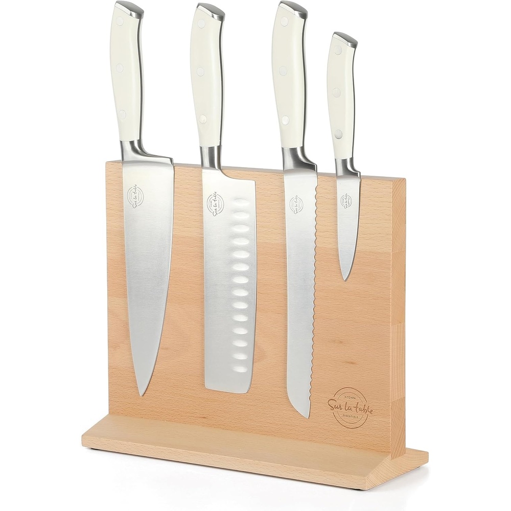 image:imageSur La Table Kitchen Essentials 5 Piece German Steel Blade wTriple Riveted Handle Set on Beechwood Magnetic Block BlackLinen White 5pc Set