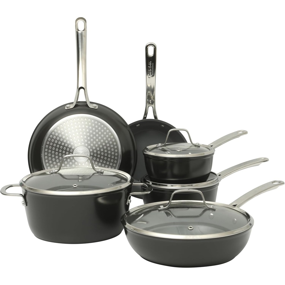 image:imageSur La Table Kitchen Essentials Cool Commune Hard Anodized 10 Piece PFA Free Ceramic Non stick Interior Forged Durable Aluminum Pots and Pans Cookware Set Black Induction CompatibleBlack Hard Anodized Aluminum