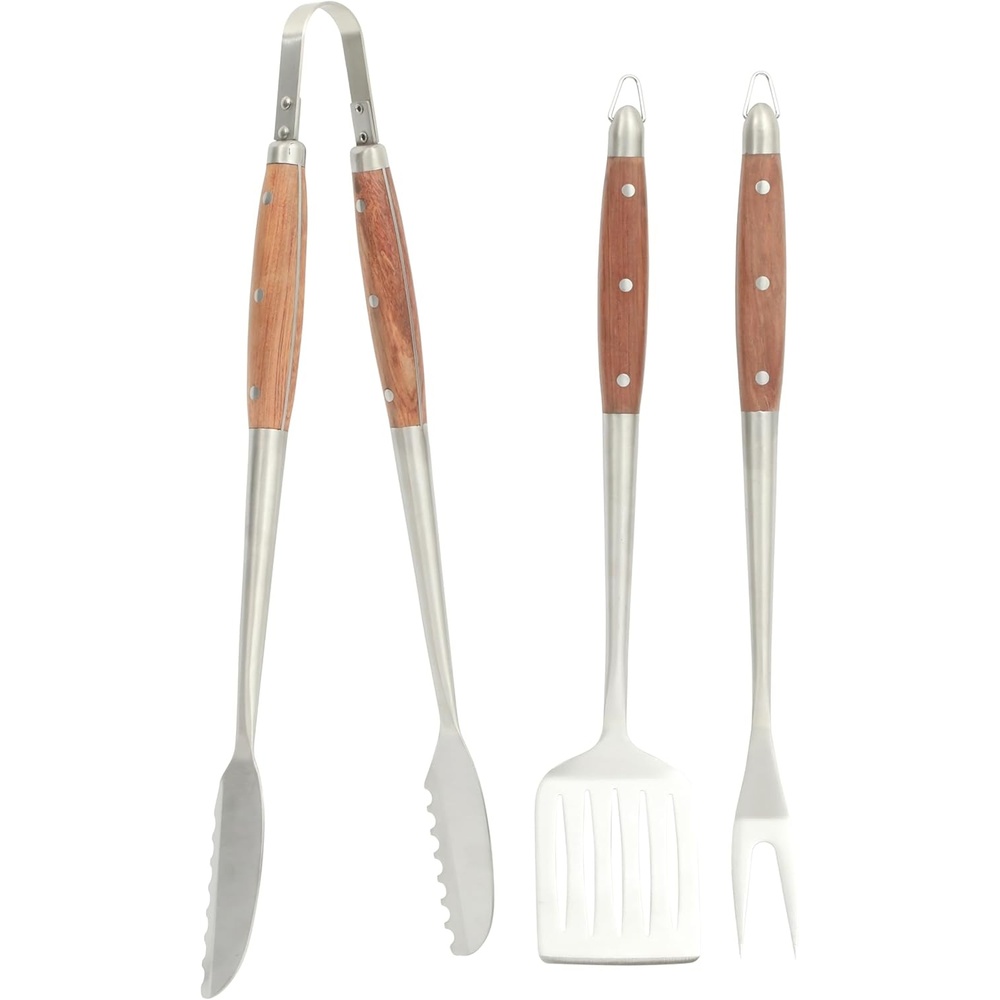 image:imageSur La Table Kitchen Essentials Family Cookout Heavy Duty Stainless Steel Grilling Tool Set WWooden Handles Tongs Slotted Turner and Fork Set