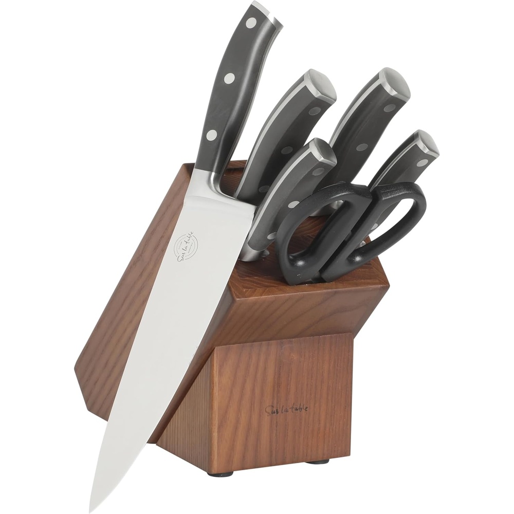 image:imageSur La Table Kitchen Essentials Tasting Kitchen HighCarbon German Steel 7 Piece Full Tang Forged Cutlery Knife Block Set Eggshell White WAshwood BlockBlack