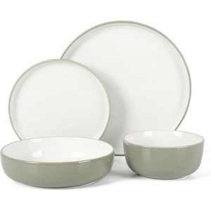 image:imageSur La Table Kitchen Essentials 16 Piece TwoTone Porcelain Chip and Scratch Resistant Dinnerware Plates and Bowls Set  GreenWhiteGreyWhite