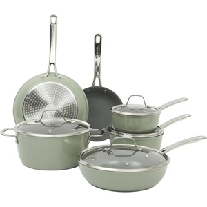 image:imageSur La Table Kitchen Essentials Cool Commune Hard Anodized 10 Piece PFA Free Ceramic Non stick Interior Forged Durable Aluminum Pots and Pans Cookware Set  Black  Induction CompatibleGreen Hard Anodized Aluminum