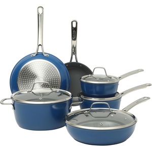 image:imageSur La Table Kitchen Essentials Cool Commune Hard Anodized 10 Piece PFA Free Ceramic Non stick Interior Forged Durable Aluminum Pots and Pans Cookware Set  Black  Induction CompatibleBlue Hard Anodized Aluminum