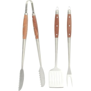 image:imageSur La Table Kitchen Essentials Family Cookout Heavy Duty Stainless Steel Grilling Tool Set WWooden Handles Tongs Slotted Turner and Fork Set