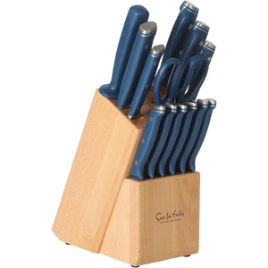 image:imageSur La Table Kitchen Essentials Knife Set with Block 14Piece Forged German Steel Kitchen Knives Beech Wood Block Chef Santoku Bread amp Steak Knives Shears amp Sharpener  Linen WhiteBlue 14pc Set