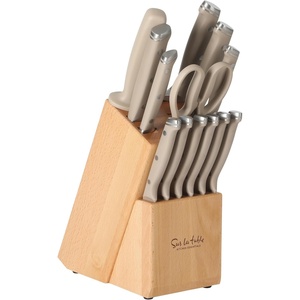 image:imageSur La Table Kitchen Essentials Knife Set with Block 14Piece Forged German Steel Kitchen Knives Beech Wood Block Chef Santoku Bread amp Steak Knives Shears amp Sharpener  Linen WhiteTaupe 14pc Set
