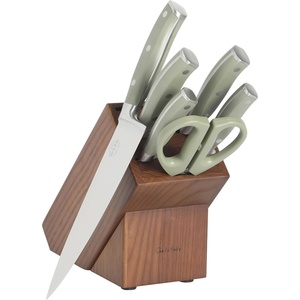 image:imageSur La Table Kitchen Essentials Tasting Kitchen HighCarbon German Steel 7 Piece Full Tang Forged Cutlery Knife Block Set  Eggshell White WAshwood BlockJuniper Green w Ashwood Block