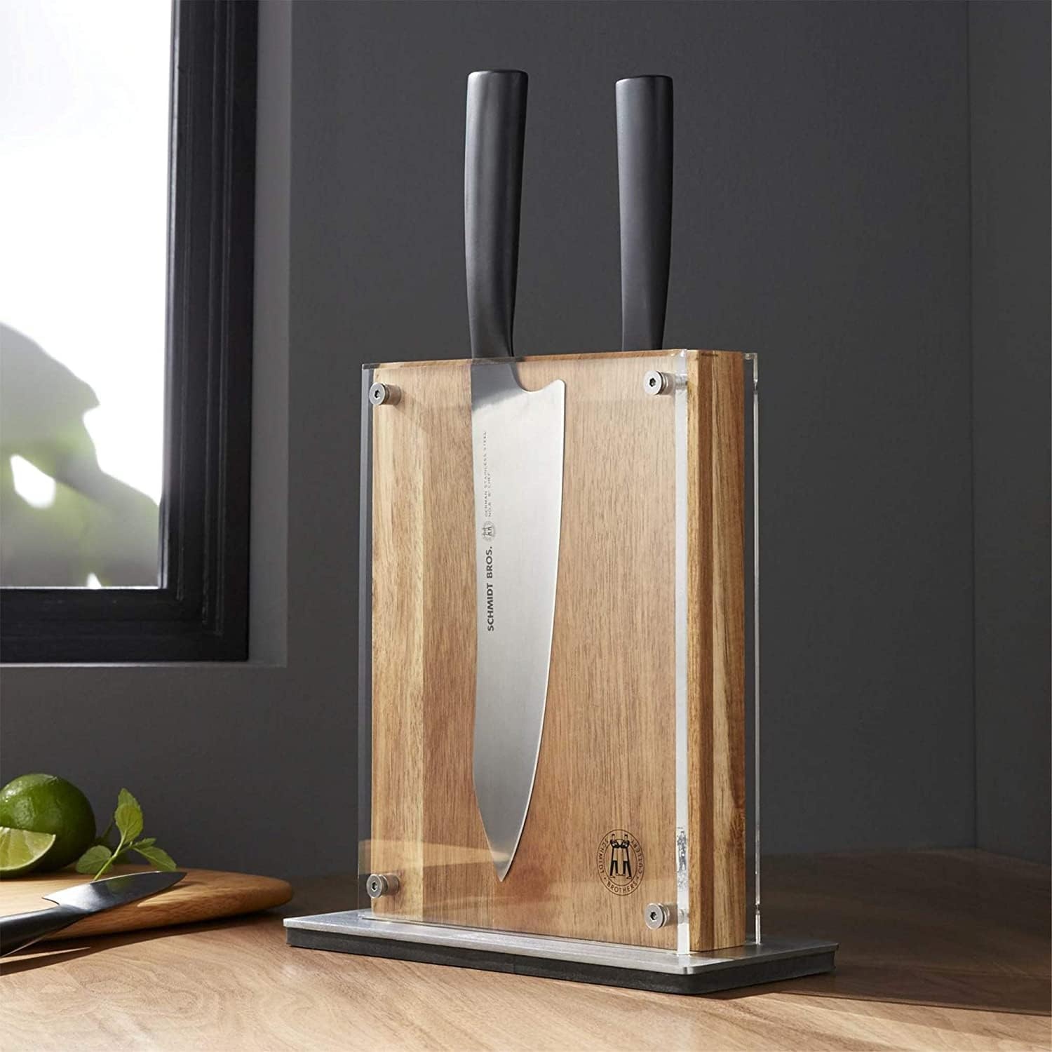 image:imageSchmidt Brothers Acacia Midtown Magnetic Knife Block Acacia Hardwood and Acrylic Shield Universal Cutlery Storage For 810 KnivesAcacia Midtown
