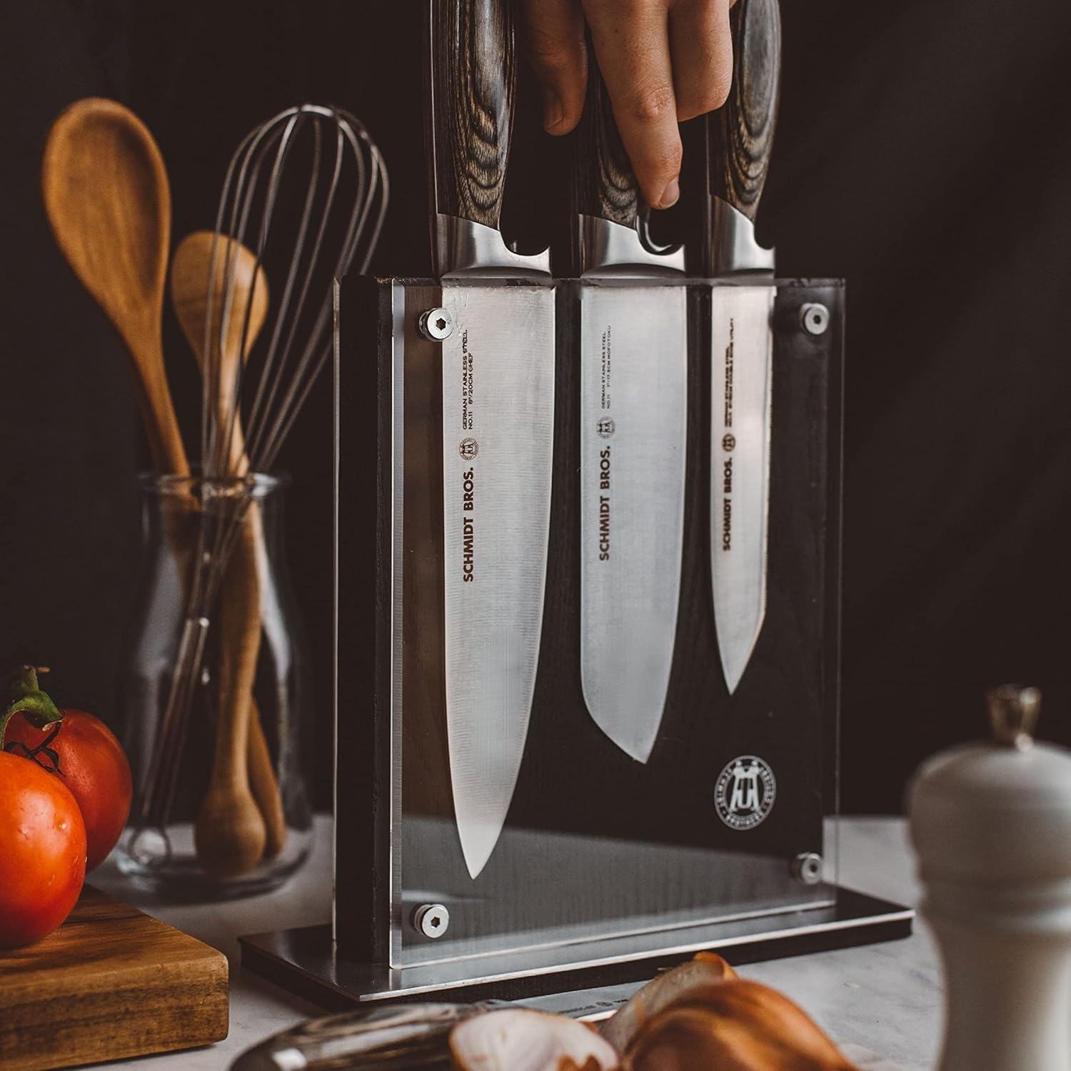 image:imageSchmidt Brothers Acacia Midtown Magnetic Knife Block Acacia Hardwood and Acrylic Shield Universal Cutlery Storage For 810 KnivesBlack Midtown