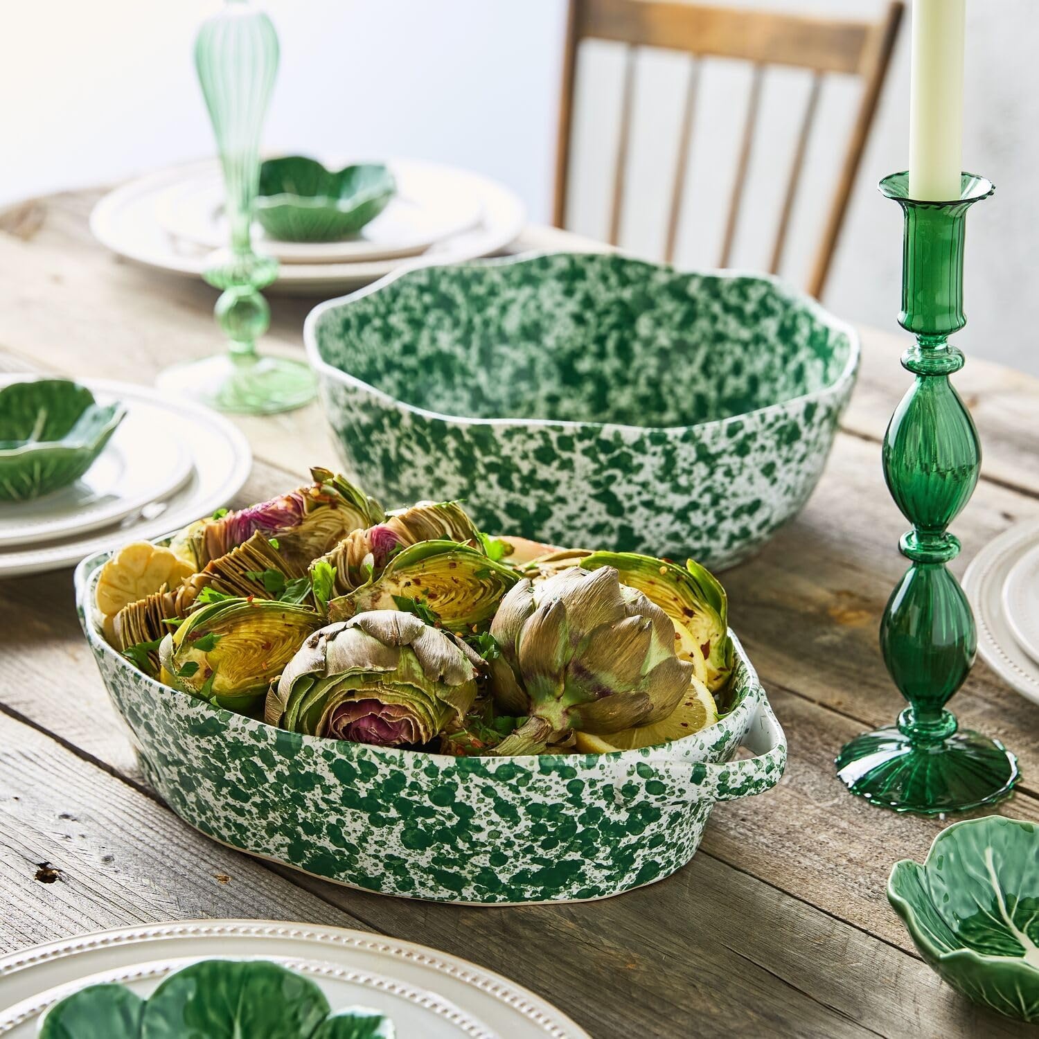 image:imageSur La Table Stoneware Splatter Design Serving Bowl 4 Qt 11 Round Colorful SpongewareInspired Salad amp Pasta Dish OvenFreezerDishwasher Green