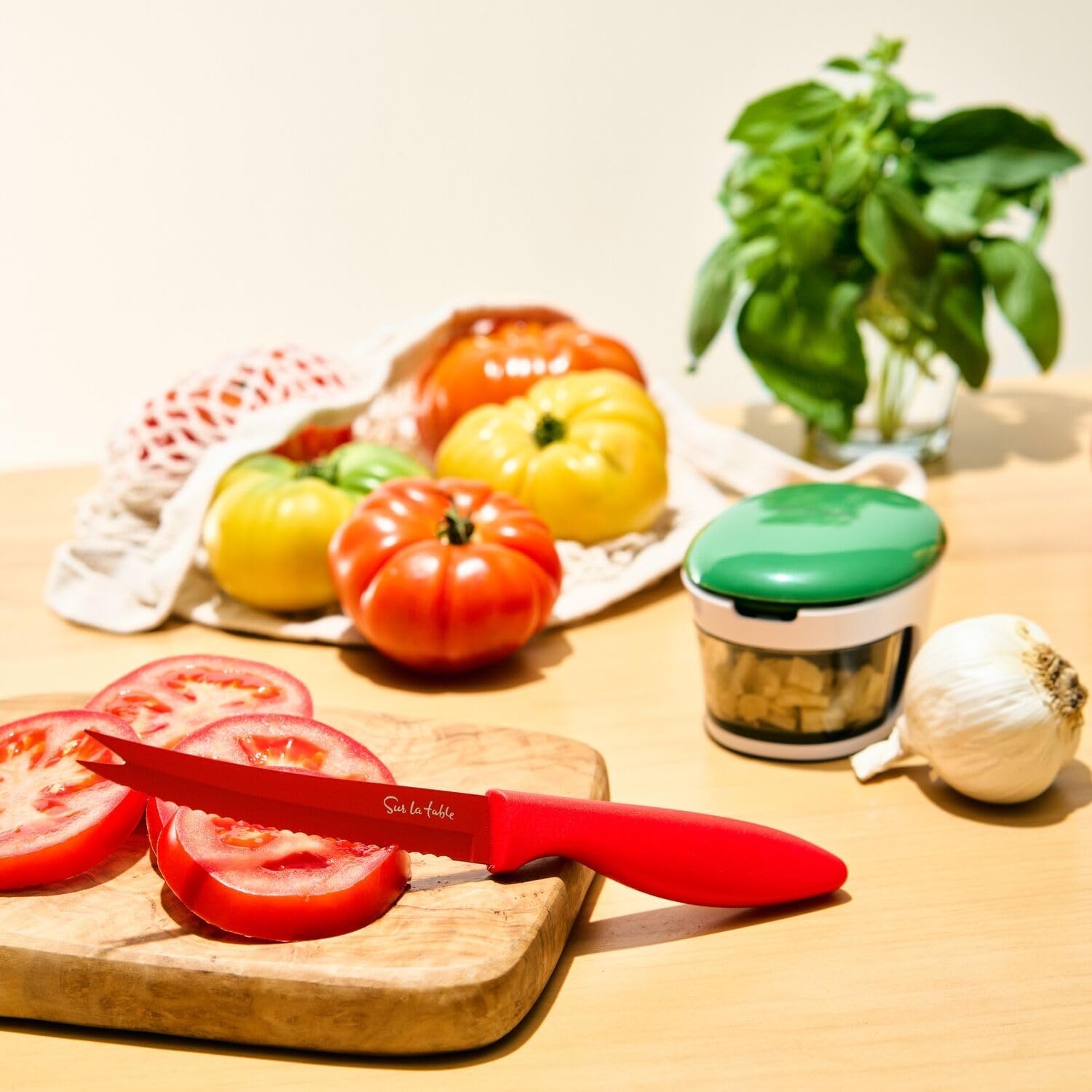 image:imageSur La Table Tomato Knife Red Serrated Blade Tomato and Soft Produce Knife with Fork Tip for Slicing and Serving