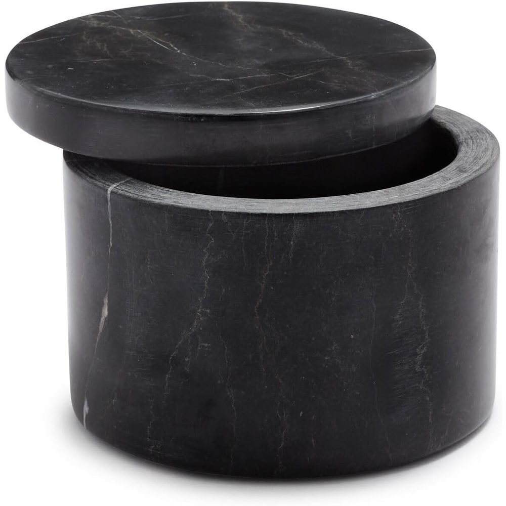 image:imageSur La Table Marquina Marble Salt Keeper 4 Round Salt Cellar with Lid Black Marble Spice Container for Kitchen or Tabletop Use