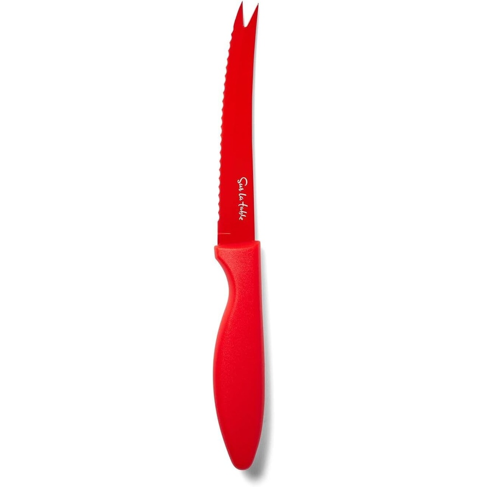 image:imageSur La Table Tomato Knife Red Serrated Blade Tomato and Soft Produce Knife with Fork Tip for Slicing and Serving