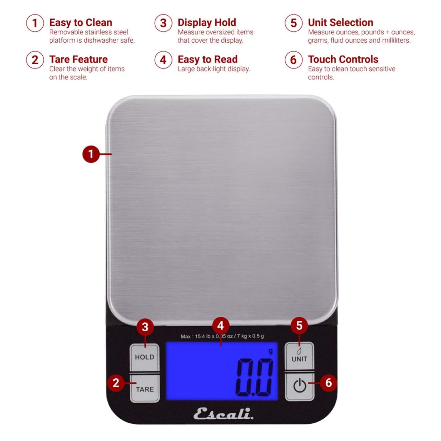 image:imageEscali Nutro Digital Food Scale MultiFunctional Kitchen Appliance Precise Weight Measuring and Portion Control Baking and Cooking Made Simple Stainless Steel Platform Black 1 UnitBlack