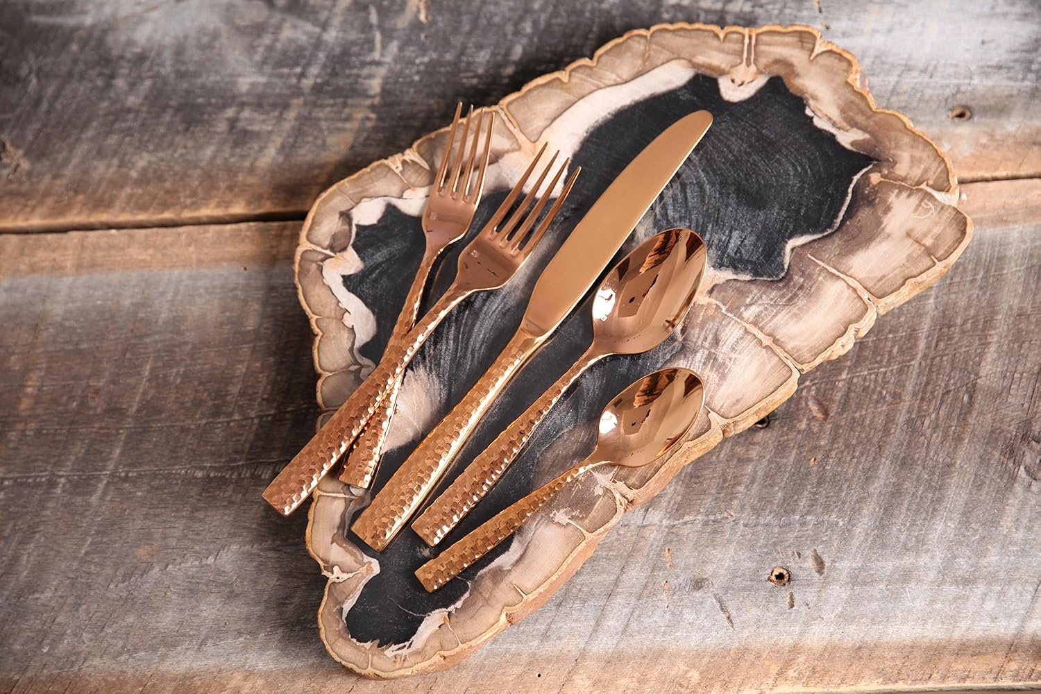 image:imageFortessa Lucca Faceted 1810 Stainless Steel Flatware Serving Spoon 9InchLucca Faceted Rose Gold