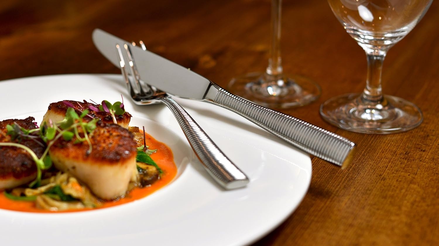image:imageFortessa Lucca Faceted 1810 Stainless Steel Flatware Serving Spoon 9InchRingo